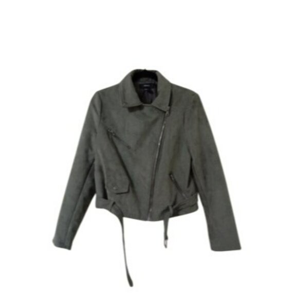 Forever 21 Olive Green Faux Suede Moto Jacket With Zipper Pockets & Belt Size L - Picture 5 of 12